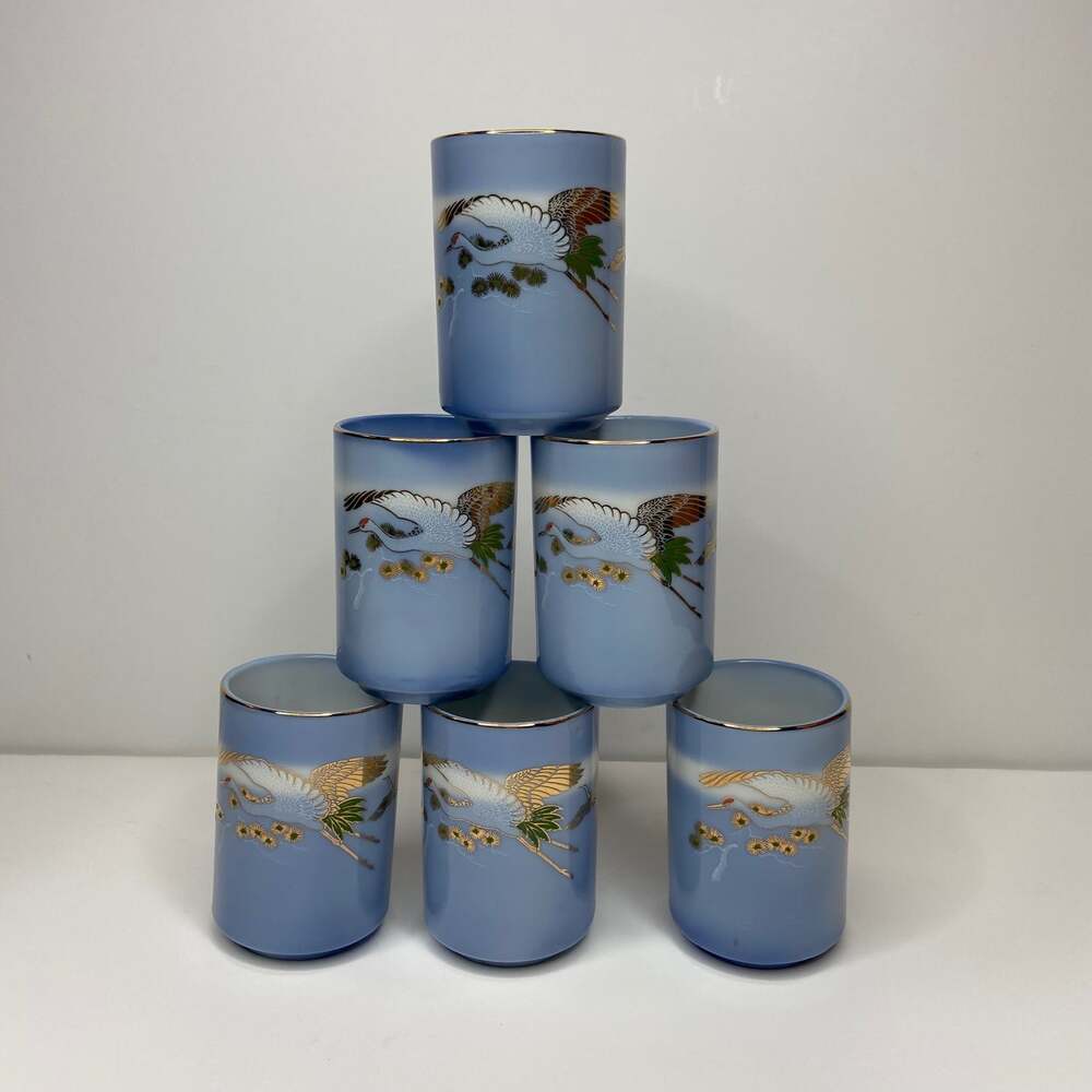 Vintage 6pc Japanese Gold Crane Blue Tea Cup